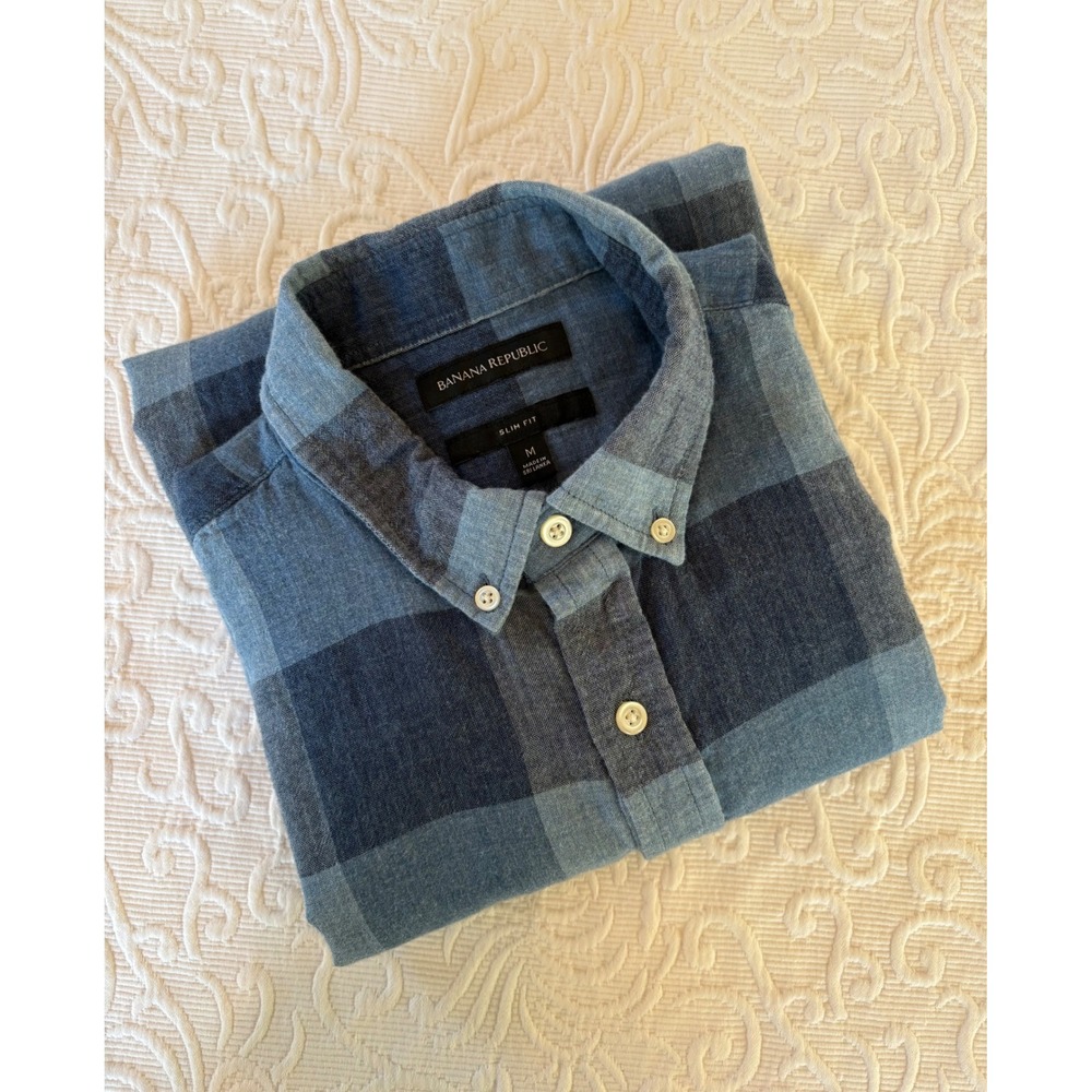 Banana Republic Mens Slim Fit, Medium, Blue Plaid Woven Button Down Shirt